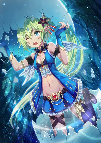 Anime picture 2480x3507 with original ling si single tall image fringe highres breasts open mouth blue eyes light erotic hair between eyes standing bare shoulders cleavage bent knee (knees) ponytail very long hair one eye closed aqua eyes green hair