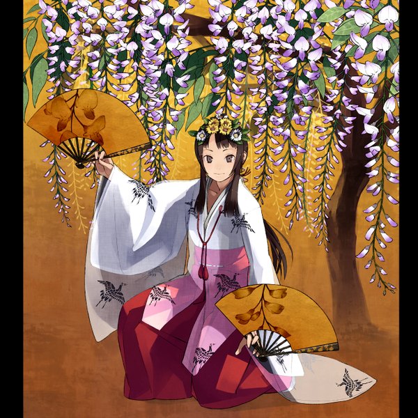 Anime picture 1350x1350 with original shihou (g-o-s) single long hair smile brown hair brown eyes full body traditional clothes japanese clothes hair flower miko animal print bird print girl hair ornament flower (flowers) plant (plants) tree (trees) fan