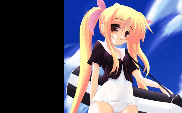 Anime picture 1680x1050 with mahou shoujo lyrical nanoha fate testarossa frapowa single looking at viewer fringe open mouth light erotic blonde hair hair between eyes red eyes wide image standing twintails sky cloud (clouds) outdoors very long hair third-party edit swimsuit under clothes