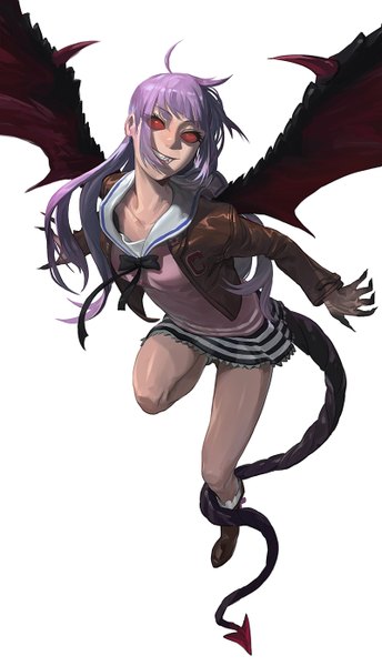 Anime picture 800x1395 with wizard barristers arms corporation sudou cecile modare single long hair tall image looking at viewer fringe simple background red eyes white background purple hair bent knee (knees) tail open clothes open jacket spread arms demon girl flying