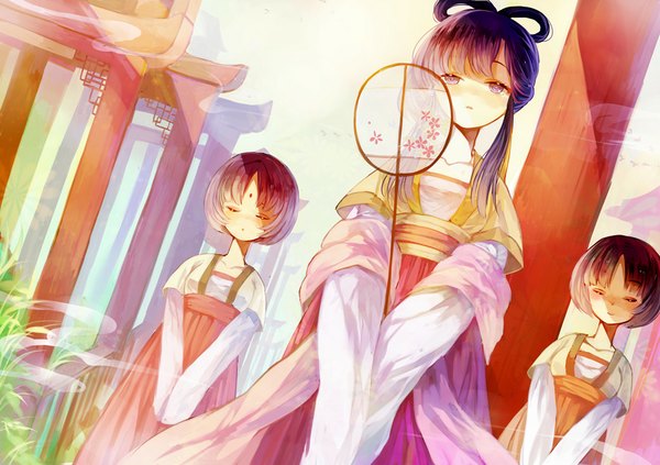 Anime picture 1120x791 with vocaloid vocaloid china luo tianyi koyuiko long hair blush short hair brown hair purple eyes multiple girls purple hair eyes closed traditional clothes chinese clothes smoke girl 3 girls hanfu
