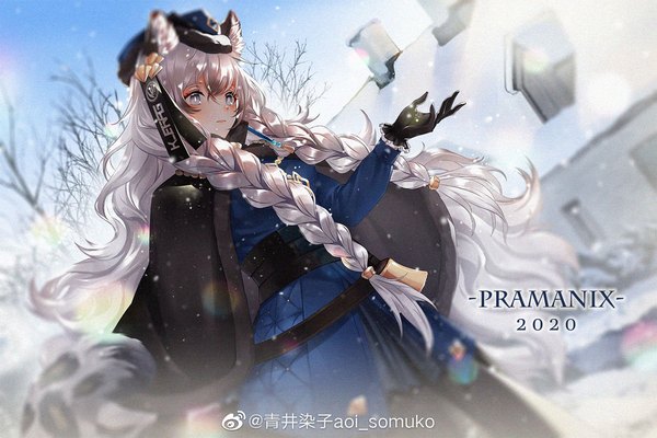 Anime picture 1500x1000 with arknights pramanix (arknights) aoi somuko mimiz single long hair fringe hair between eyes animal ears looking away silver hair outdoors tail braid (braids) animal tail dutch angle character names twin braids official alternate costume winter