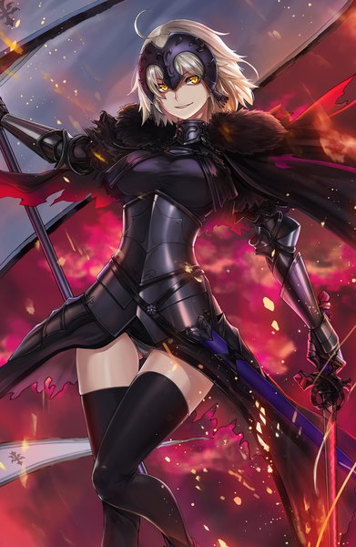 Anime picture 846x1296 with fate (series) fate/grand order jeanne d'arc (fate) (all) jeanne d'arc alter (fate) mhg (hellma) single tall image looking at viewer fringe short hair breasts light erotic smile hair between eyes holding yellow eyes silver hair ahoge bent knee (knees) parted lips
