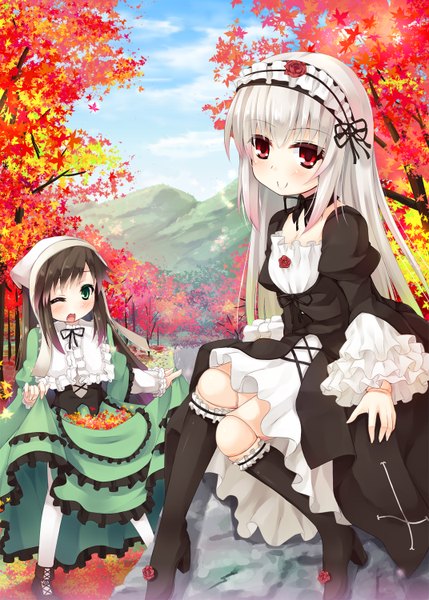 Anime picture 1072x1500 with rozen maiden suigintou suiseiseki asa (swallowtail) long hair tall image looking at viewer blush open mouth red eyes sitting multiple girls silver hair one eye closed wink dress lift lolita fashion autumn goth-loli doll joints