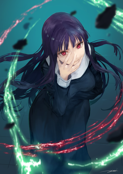 Anime picture 1756x2479 with kara no kyoukai type-moon asagami fujino kouzuki kei single long hair tall image looking at viewer fringe highres breasts red eyes standing purple hair blunt bangs blurry floating hair magic hand on face girl