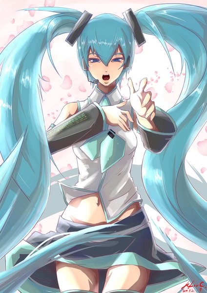 Anime picture 1240x1754 with vocaloid hatsune miku deathklovc single tall image looking at viewer highres open mouth blue eyes white background twintails very long hair aqua hair outstretched arm girl skirt navel detached sleeves petals necktie
