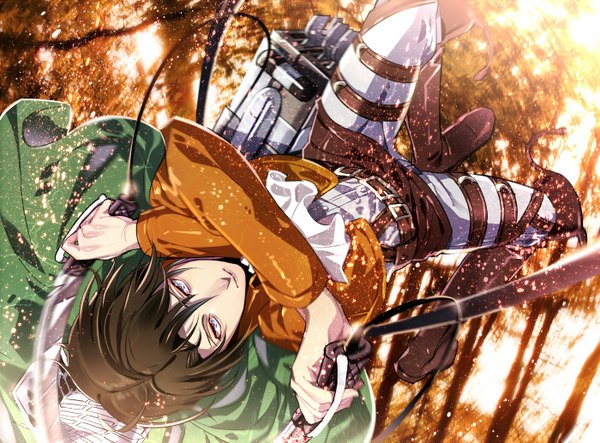 Anime picture 1400x1034 with shingeki no kyojin production i.g levi (rivaille) yuna (rutera) single looking at viewer short hair blue eyes brown hair holding blurry jumping boy weapon plant (plants) sword tree (trees) shoes jacket belt