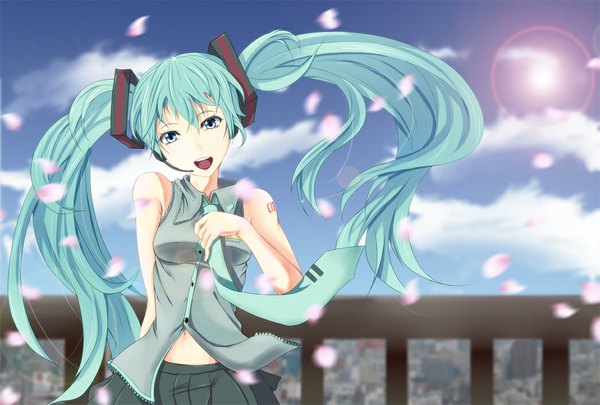 Anime picture 1047x708 with vocaloid hatsune miku oimari (artist) single open mouth blue eyes twintails bare shoulders sunlight aqua hair singing girl petals necktie
