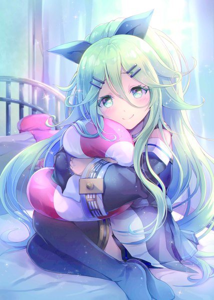 Anime picture 2976x4175 with kantai collection yamakaze (kantai collection) ayuyanaka no hito single long hair tall image looking at viewer blush fringe highres smile hair between eyes sitting green eyes ponytail green hair wide sleeves striped pillow hug girl