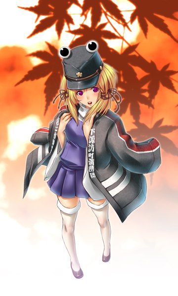 Anime picture 1200x2000 with touhou moriya suwako hayama kazusa single tall image short hair open mouth blonde hair pink eyes clothes on shoulders girl thighhighs ribbon (ribbons) white thighhighs leaf (leaves) cap