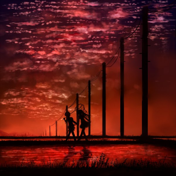 Anime picture 1000x1000 with original tedamairo long hair short hair outdoors blurry leaning city holding hands evening reflection sunset cityscape walking city lights silhouette field girl dress boy
