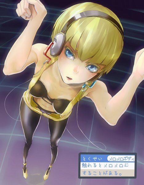 Anime picture 1561x2000 with pokemon pokemon black and white nintendo elesa (pokemon) ini (artist) single tall image looking at viewer blush highres short hair open mouth blue eyes blonde hair bare shoulders inscription arms up hieroglyph girl pantyhose
