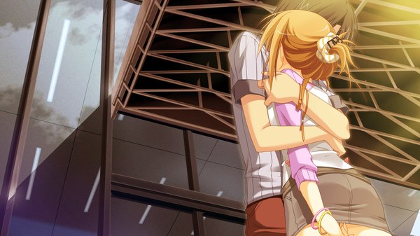 Anime picture 2560x1440 with 1/2 summer utashiro kanami sesena yau highres blonde hair wide image game cg from behind couple hug girl boy