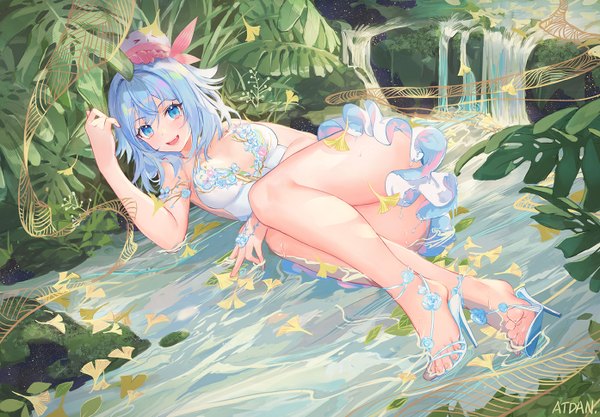 Anime picture 1394x970 with vocaloid synthesizer v haiyi atdan single looking at viewer blush fringe short hair breasts open mouth blue eyes light erotic smile hair between eyes signed blue hair full body bent knee (knees) outdoors