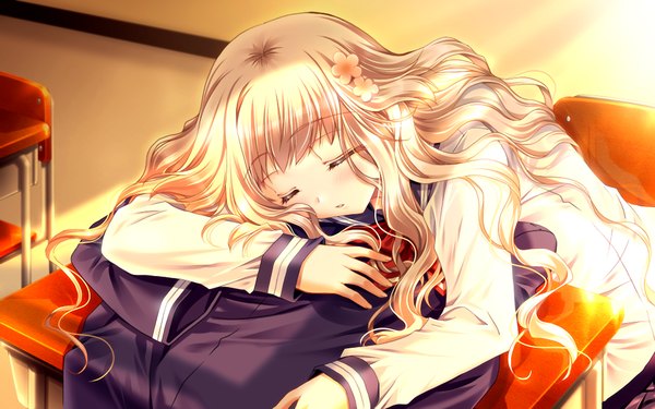 Anime picture 1024x640 with hatsukoi yohou (game) long hair blonde hair wide image game cg eyes closed sleeping girl serafuku