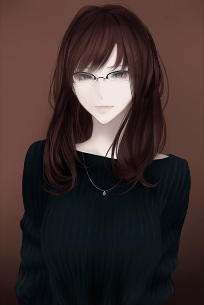 Anime picture 856x1280 with original erise single long hair tall image looking at viewer fringe simple background brown hair upper body grey eyes gradient background portrait brown background girl glasses pendant sweater ribbed sweater