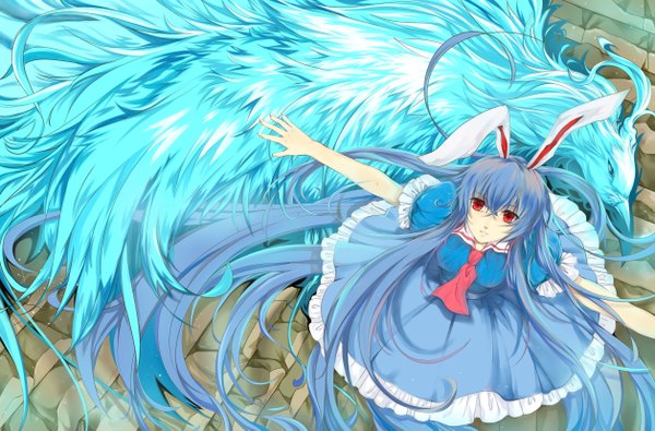 Anime picture 5031x3317 with touhou reisen udongein inaba hongmao looking at viewer highres red eyes absurdres very long hair bunny ears spread arms girl dress animal bird (birds) phoenix