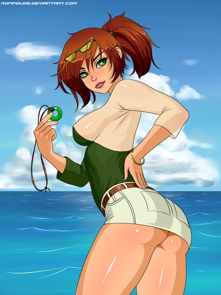 Anime picture 3000x4000 with avatar: the last airbender nickelodeon jin (avatar: the last airbender) ronin dude (ray cornwell) single tall image highres short hair light erotic brown hair green eyes sky cloud (clouds) ass ponytail girl skirt miniskirt glasses bracelet