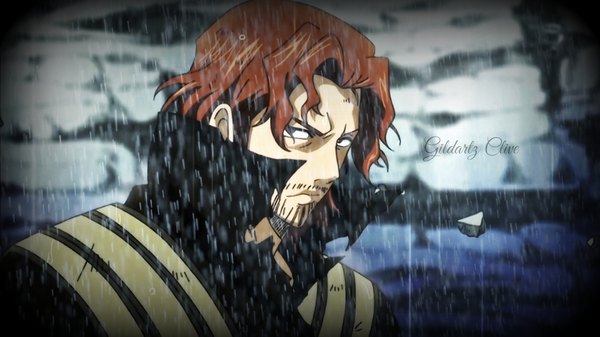 Anime picture 1920x1080 with fairy tail gildarts clive single looking at viewer highres short hair brown hair wide image looking away upper body grey eyes character names rain eyebrows serious bristle boy beard mustache