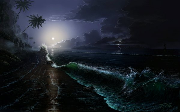 Anime picture 1680x1050 with original fel-x (artist) wide image cloud (clouds) night wallpaper night sky beach mountain landscape nature rock lightning plant (plants) tree (trees) sea moon full moon palm tree watercraft