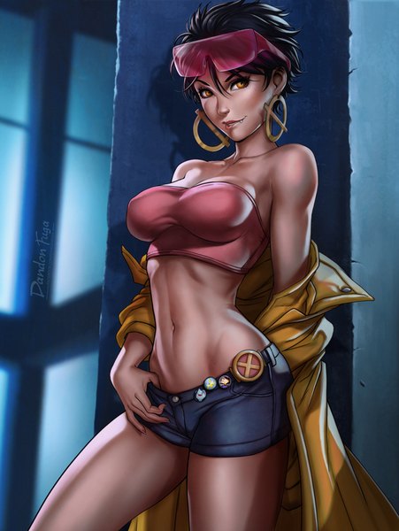 Anime picture 670x892 with x-men marvel comics jubilee (x-men) dandon fuga single tall image fringe short hair breasts blue eyes light erotic black hair hair between eyes bare shoulders signed looking away realistic bare belly orange eyes fang (fangs)