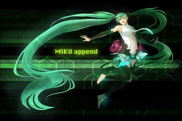 Anime picture 1733x1158 with vocaloid vocaloid append hatsune miku hatsune miku (append) long hair highres blue eyes twintails very long hair barefoot green hair jumping girl detached sleeves