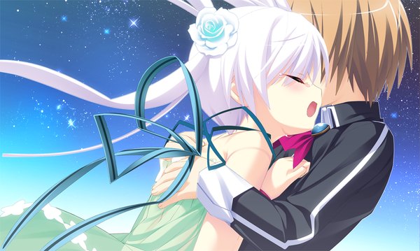 Anime picture 1024x614 with twinkle crusaders twinkle crusaders -passion star stream- illear sakura synn blush open mouth brown hair wide image game cg cleavage white hair eyes closed hug tears girl boy ribbon (ribbons)