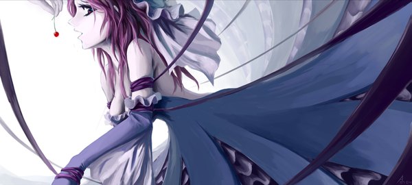 Anime picture 1599x720 with archlich long hair red eyes wide image pink hair profile girl dress gloves hair ornament elbow gloves food berry (berries) cherry