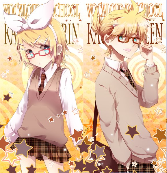 Anime picture 1754x1819 with vocaloid kagamine rin kagamine len tora (tora factory) tall image looking at viewer blush fringe highres short hair open mouth blonde hair smile ponytail long sleeves pleated skirt aqua eyes copyright name character names couple