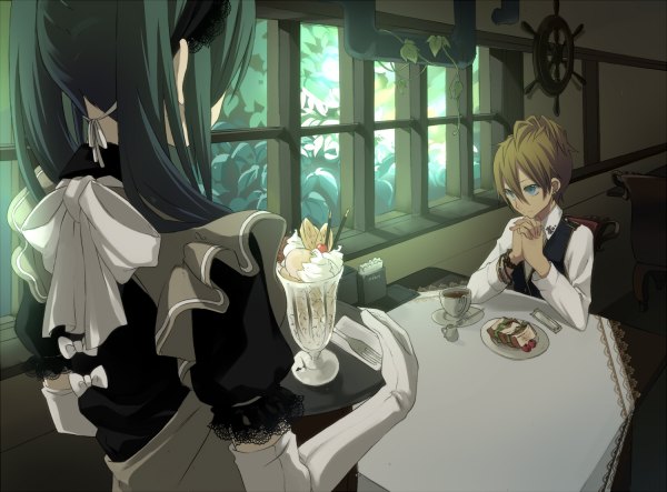 Anime picture 1200x886 with vocaloid hatsune miku kagamine len sama (artist) short hair blue eyes blonde hair sitting green hair from behind puffy sleeves couple piercing hands clasped waitress girl dress boy gloves bow
