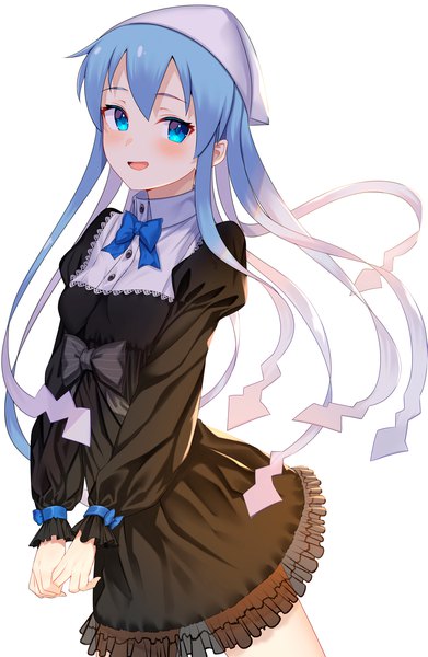 Anime picture 2490x3815 with shinryaku! ika musume ika musume jun (aousa0328) single long hair tall image looking at viewer blush highres blue eyes simple background standing white background blue hair tentacle hair girl dress bow bowtie black dress