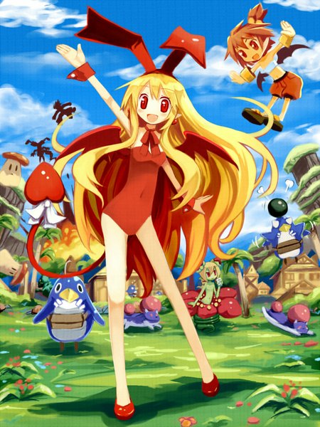 Anime picture 768x1024 with disgaea flonne flonne (fallen angel) hoshi no gen long hair tall image blush short hair blonde hair smile red eyes brown hair tail pointy ears legs demon tail girl boy wings monster