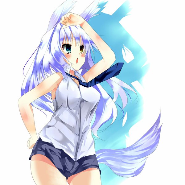 Anime picture 1000x1000 with original kown (artist) single long hair blush open mouth animal ears purple hair tail animal tail heterochromia girl shorts short shorts