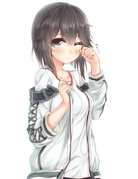 Anime picture 760x988 with kantai collection hayasui fleet oiler hakuishi aoi single tall image looking at viewer fringe short hair breasts black hair simple background hair between eyes white background upper body one eye closed open jacket grey eyes tears girl jacket