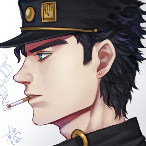 Anime picture 800x800 with jojo no kimyou na bouken kujo jotaro fan ju single short hair black hair simple background signed profile aqua eyes grey background piercing ear piercing smoke eyebrows smoking boy hat cigarette