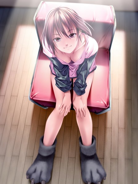 Anime picture 747x1000 with original rezi single tall image looking at viewer short hair breasts light erotic red eyes brown hair sitting looking up girl chair