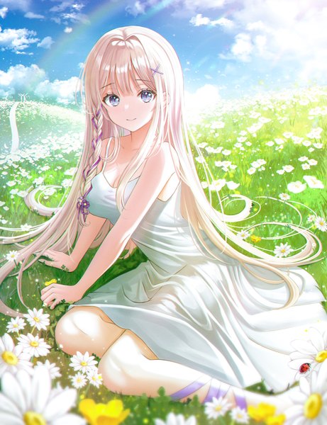 Anime picture 2300x2995 with original pora 0918 single long hair tall image looking at viewer fringe highres breasts blue eyes blonde hair smile sitting cleavage cloud (clouds) outdoors blunt bangs braid (braids) sunlight arm support