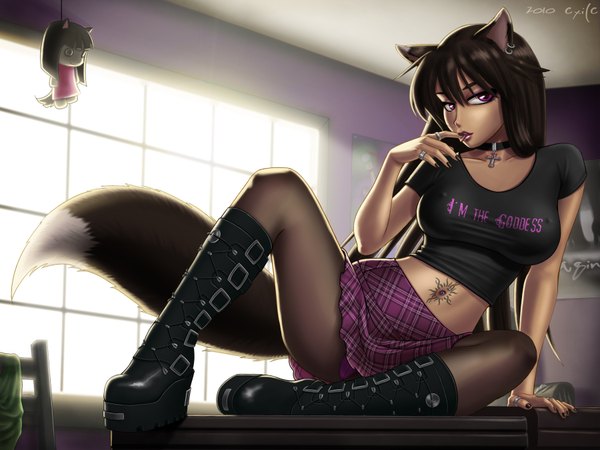 Anime picture 1800x1350 with original exile highres light erotic black hair purple eyes animal ears tail tattoo pantyshot piercing fox girl gothic girl navel boots toy ring collar
