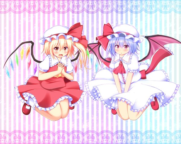 Anime picture 3000x2400 with touhou flandre scarlet remilia scarlet rena (riries) looking at viewer blush highres short hair open mouth blonde hair red eyes multiple girls blue hair girl dress 2 girls wings socks white socks bonnet