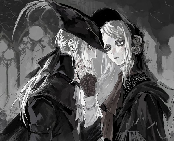 Anime picture 2048x1654 with bloodborne from software lady maria of the astral clocktower plain doll soldalepaz11 long hair looking at viewer highres multiple girls looking away upper body white hair profile low ponytail white eyes hand on another's face polychromatic girl ribbon (ribbons) 2 girls
