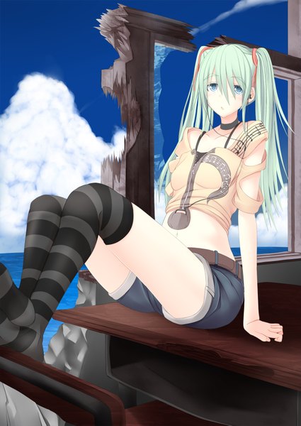 Anime picture 1254x1771 with vocaloid hatsune miku sukage single long hair tall image blush blue eyes twintails cloud (clouds) aqua hair legs girl thighhighs shorts headphones striped thighhighs digital media player