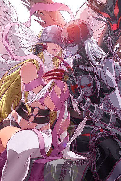 Anime picture 591x886 with digimon digimon adventure angewomon ladydevimon eclosion tall image breasts light erotic blonde hair red eyes sitting bare shoulders multiple girls looking away silver hair bent knee (knees) very long hair parted lips profile light smile