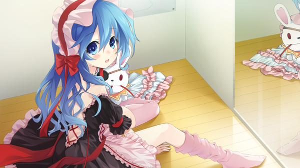 Anime picture 1280x720 with date a live yoshino (date a live) yoshinon tsunako single long hair looking at viewer blush open mouth blue eyes wide image sitting bare shoulders blue hair game cg looking back official art loli goth-loli girl