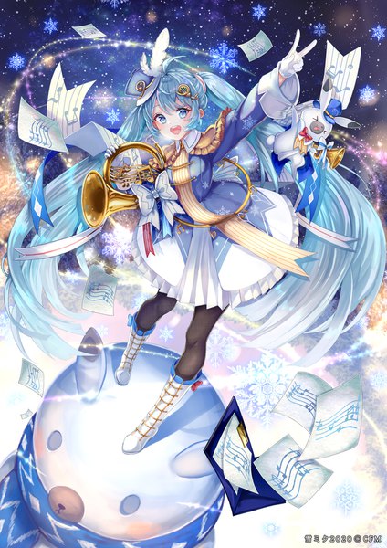 Anime picture 1300x1838 with vocaloid hatsune miku yuki miku rabbit yukine yuki miku (2020) pisuke single tall image looking at viewer open mouth blue eyes twintails blue hair full body ahoge eyes closed very long hair :d from above official art