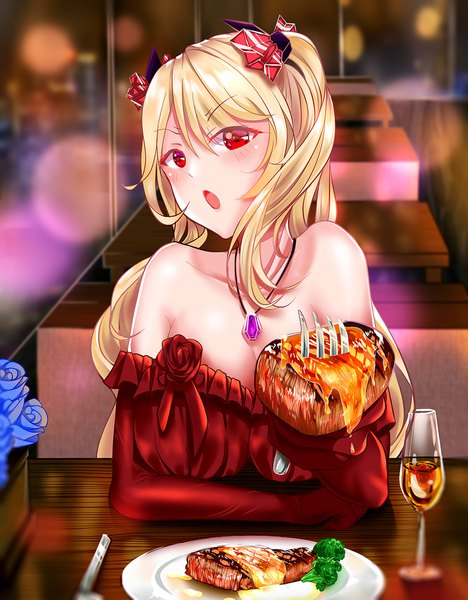 Anime picture 1600x2048 with azur lane nelson (azur lane) ktaware single long hair tall image looking at viewer blush fringe breasts open mouth light erotic blonde hair hair between eyes red eyes large breasts sitting twintails bare shoulders holding