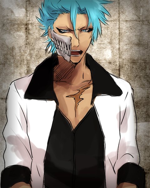 Anime picture 640x800 with bleach studio pierrot grimmjow jeagerjaques yukin (es) single tall image looking at viewer fringe short hair open mouth blue eyes hair between eyes blue hair upper body scar espada boy mask