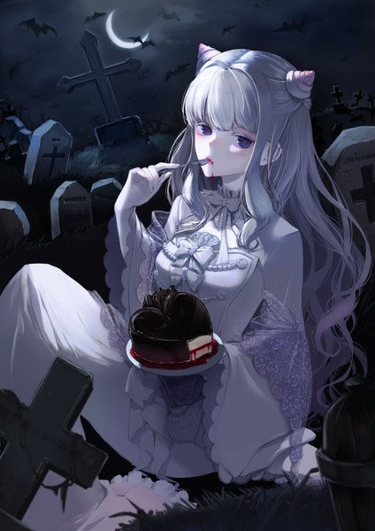 Anime picture 1000x1414 with original misty cj single long hair tall image fringe blue eyes sitting silver hair outdoors night wide sleeves hair bun (hair buns) eating crescent girl dress animal food heart