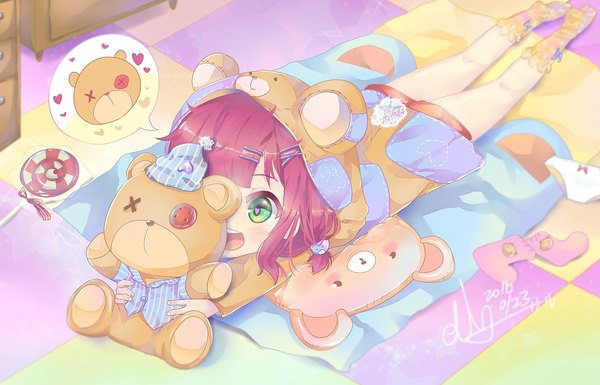 Anime picture 1158x744 with league of legends annie (league of legends) tibbers (league of legends) saru mk single blush fringe short hair smile green eyes pink hair indoors lying loli on stomach girl underwear panties food sweets