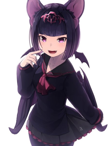 Anime picture 800x1068 with kemono friends common vampire bat (kemono friends) meth (emethmeth) single tall image looking at viewer blush fringe short hair open mouth simple background white background signed animal ears purple hair blunt bangs long sleeves nail polish fingernails from above