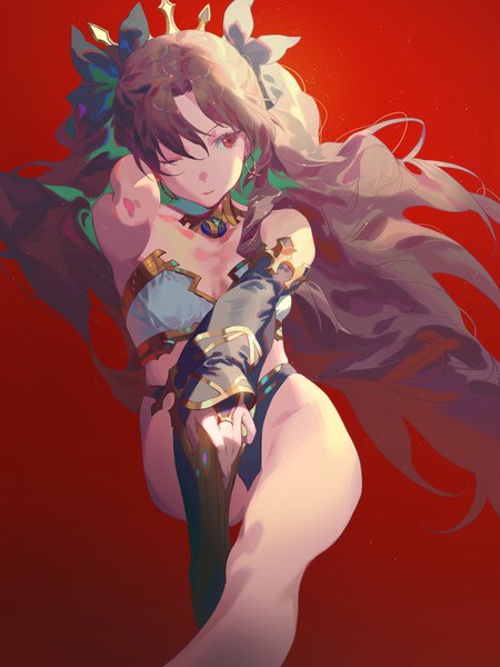 Anime picture 3000x4000 with fate (series) fate/grand order ishtar (fate) fajyobore single long hair tall image fringe highres breasts light erotic black hair simple background hair between eyes red eyes sitting looking away one eye closed multicolored hair two side up